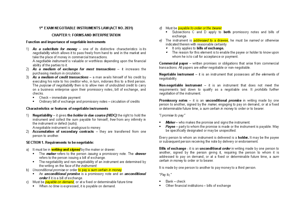 ACC312-1st-Exam - negotiable instruments - 1 ST EXAM NEGOTIABLE ...
