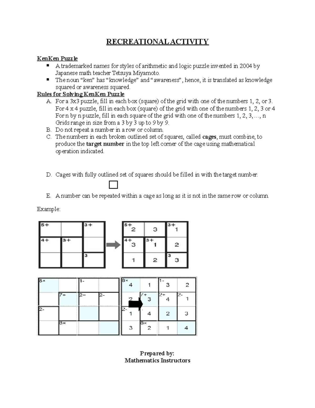 Module 3 - RECREATIONAL ACTIVITY KenKen Puzzle A trademarked names for ...