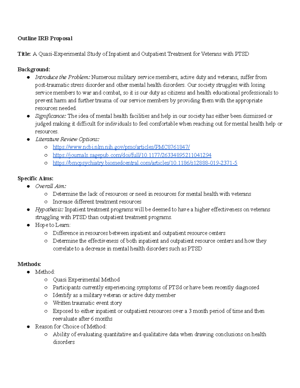 Outline of IRB Proposal Outline IRB Proposal Title A QuasiExperimental Study of Inpatient