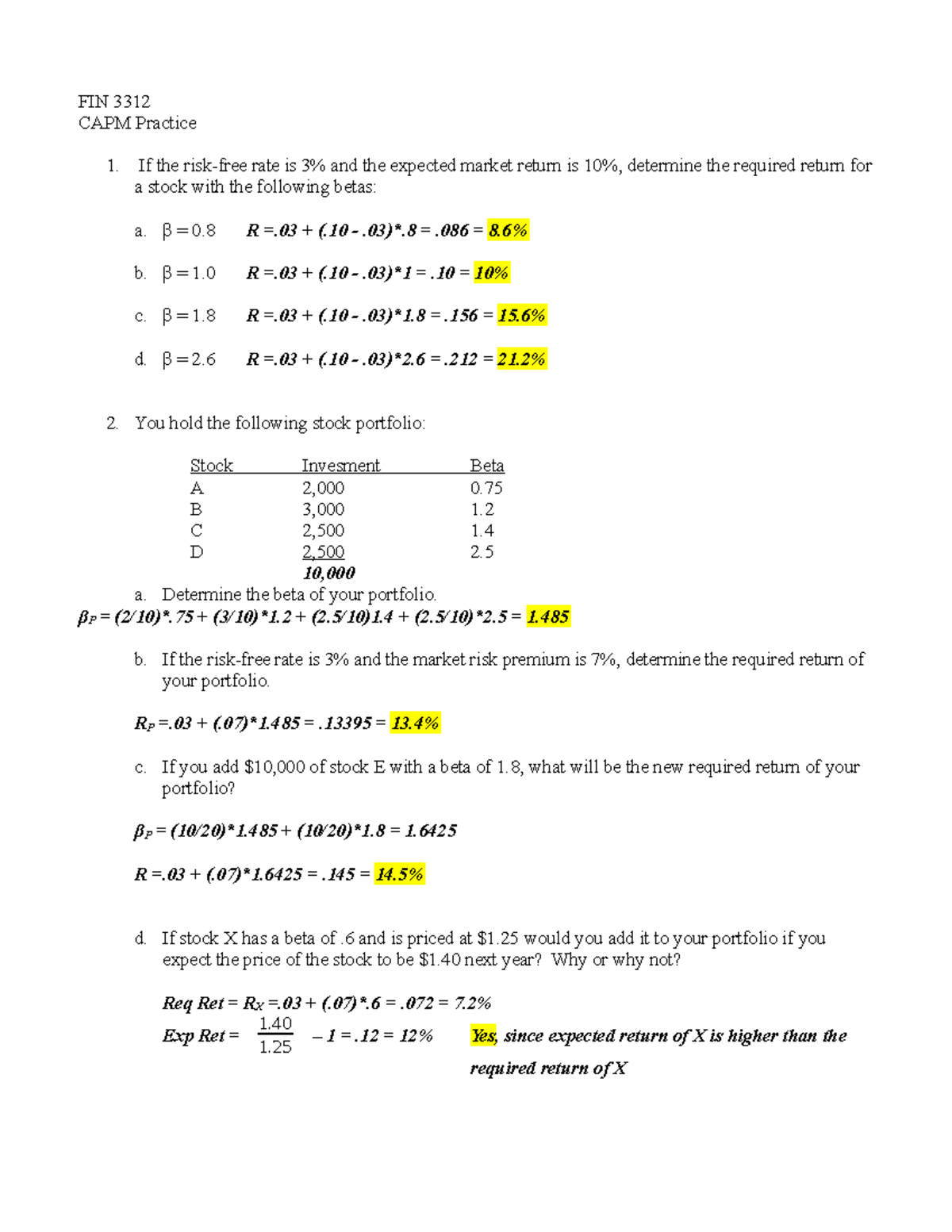 CAPM+Practice+Solutions - FIN 3312 CAPM Practice 1. If the rate is and ...