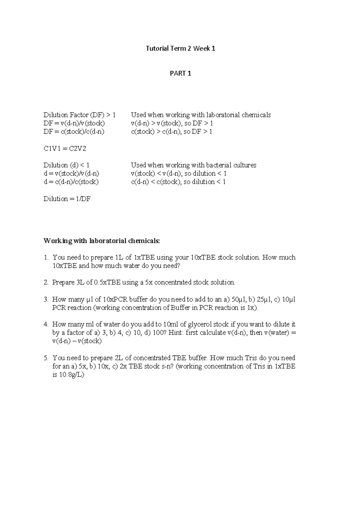 BTN215 Tutorial Term2-Week1 - Tutorial Term 2 Week 1 PART 1 Dilution ...