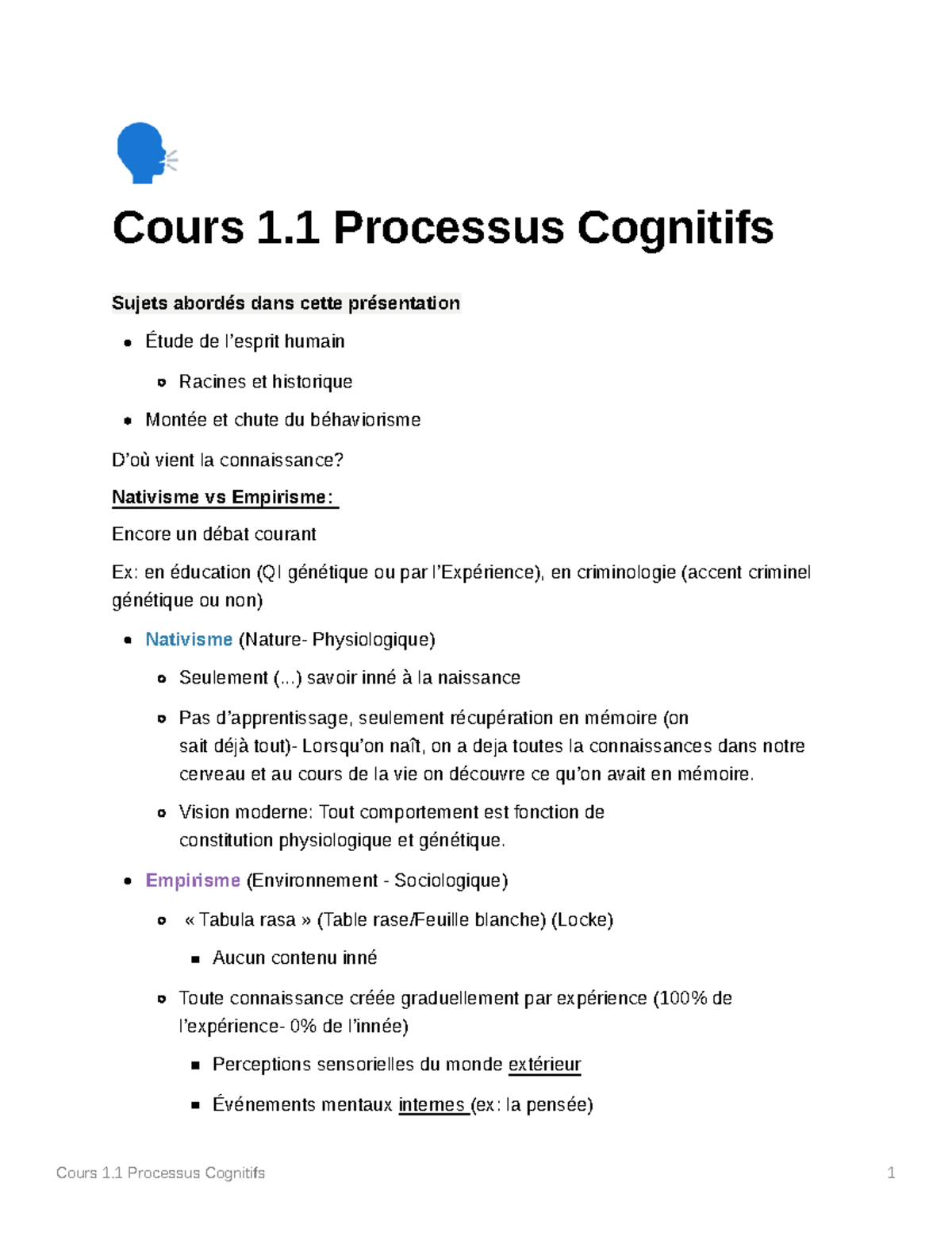 Cours 1 - 🗣 Cours 1 Processus Cognitifs Sujets abordés dans cette ...