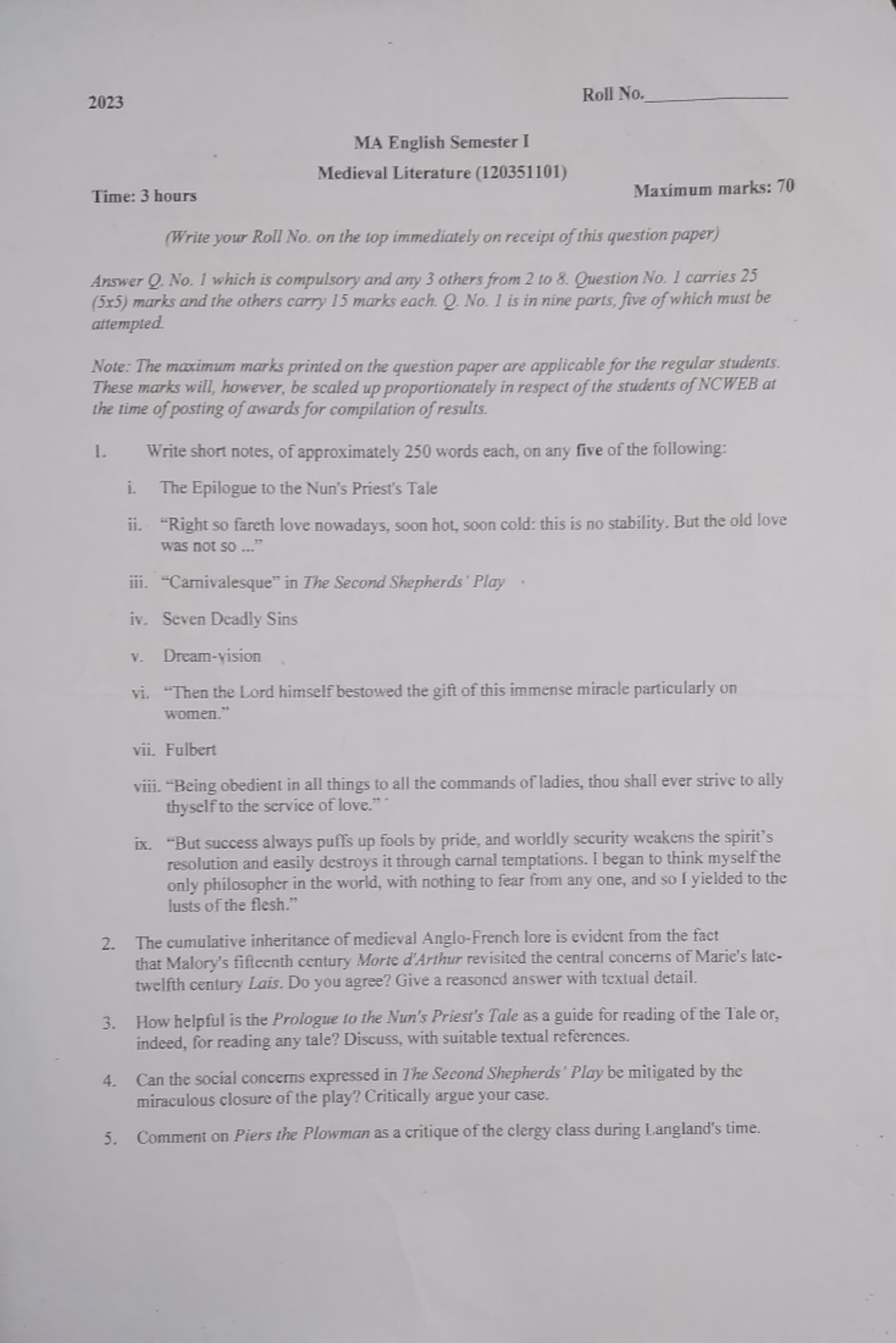 1st year question papers 2023 - 2023 Time: 3 hours ~L\ English Semester ...