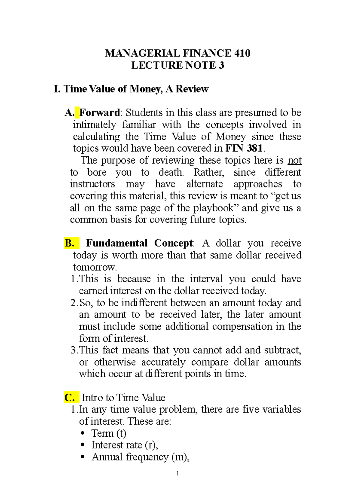 F410 Instructor LN 3 Time Value of Money Review MANAGERIAL FINANCE