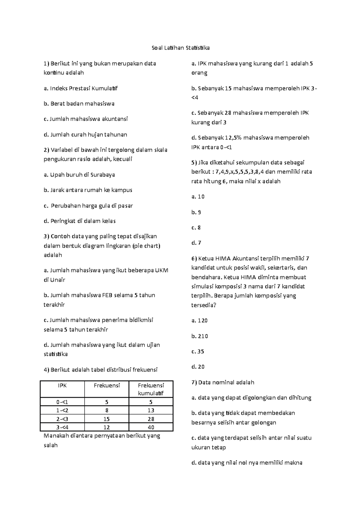 Soal Latihan Statistika Studocu