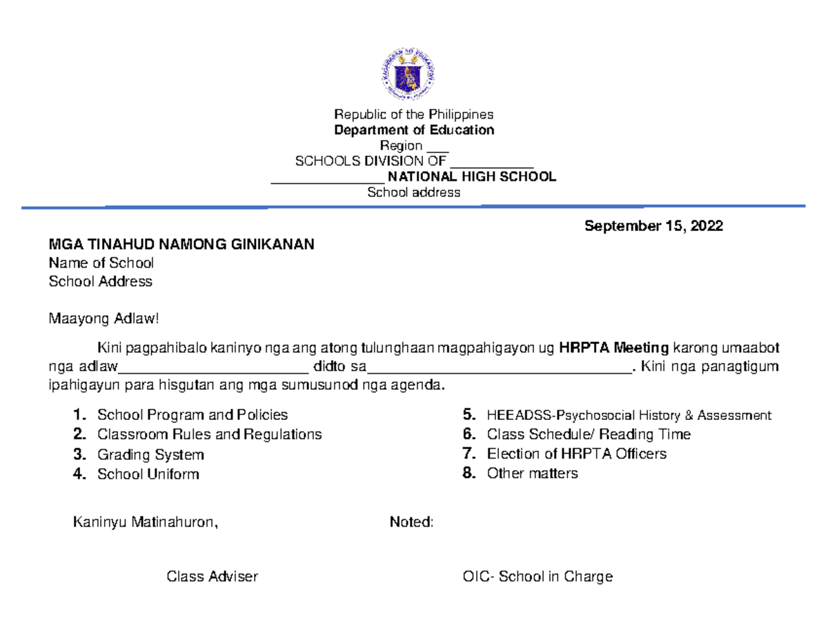 Hrpta-Letter - Sample format of HRPTA letter - Republic of the ...