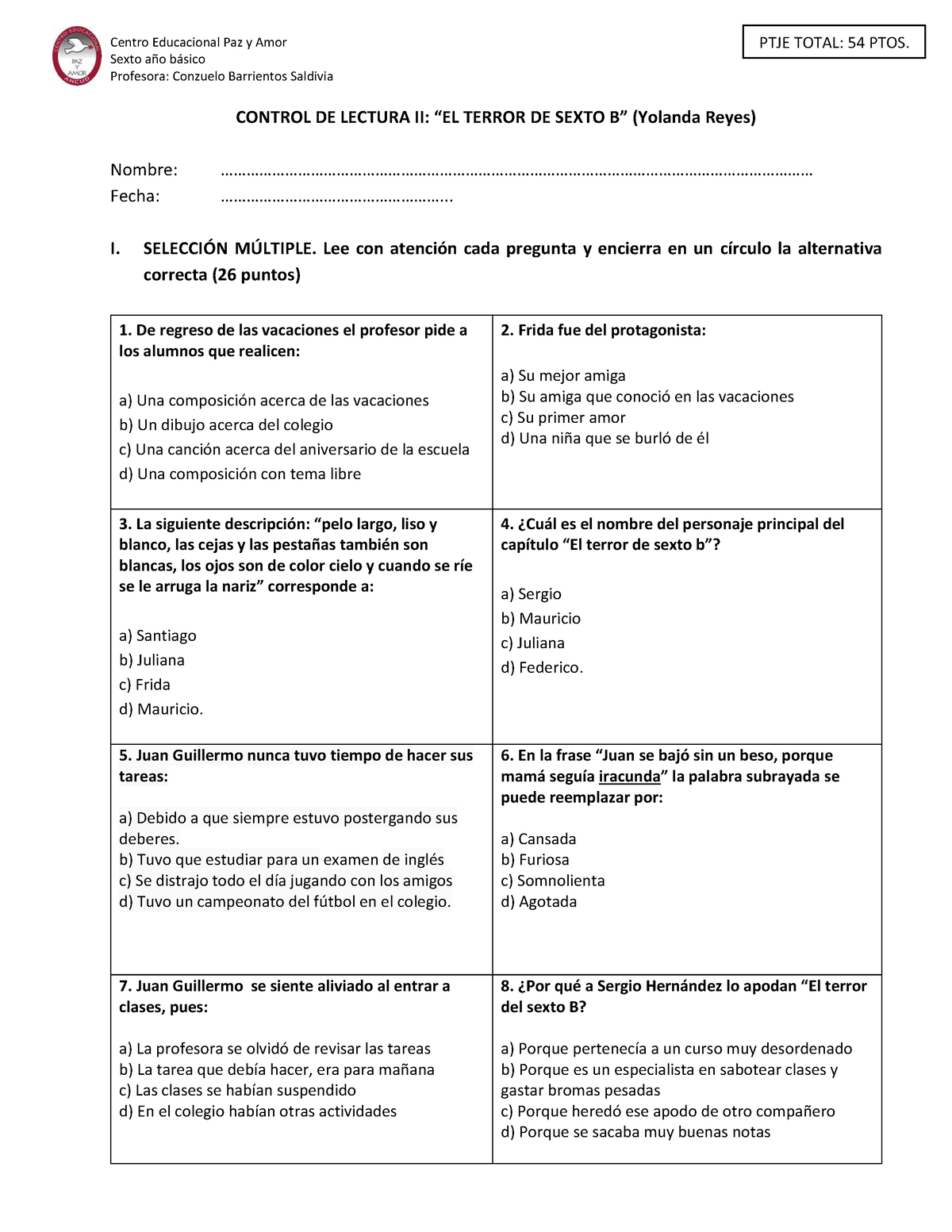 Control DE Lectura EL Terror DE Sexto B - Sexto Año Básico Profesora ...