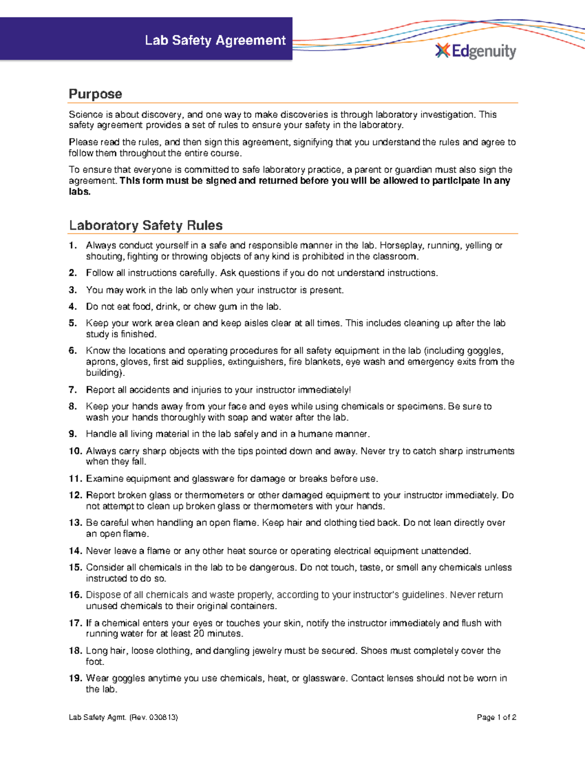 Labsafetyagreement Edgenuity Lab Safety Agmt. (Rev. 030813) Page 1
