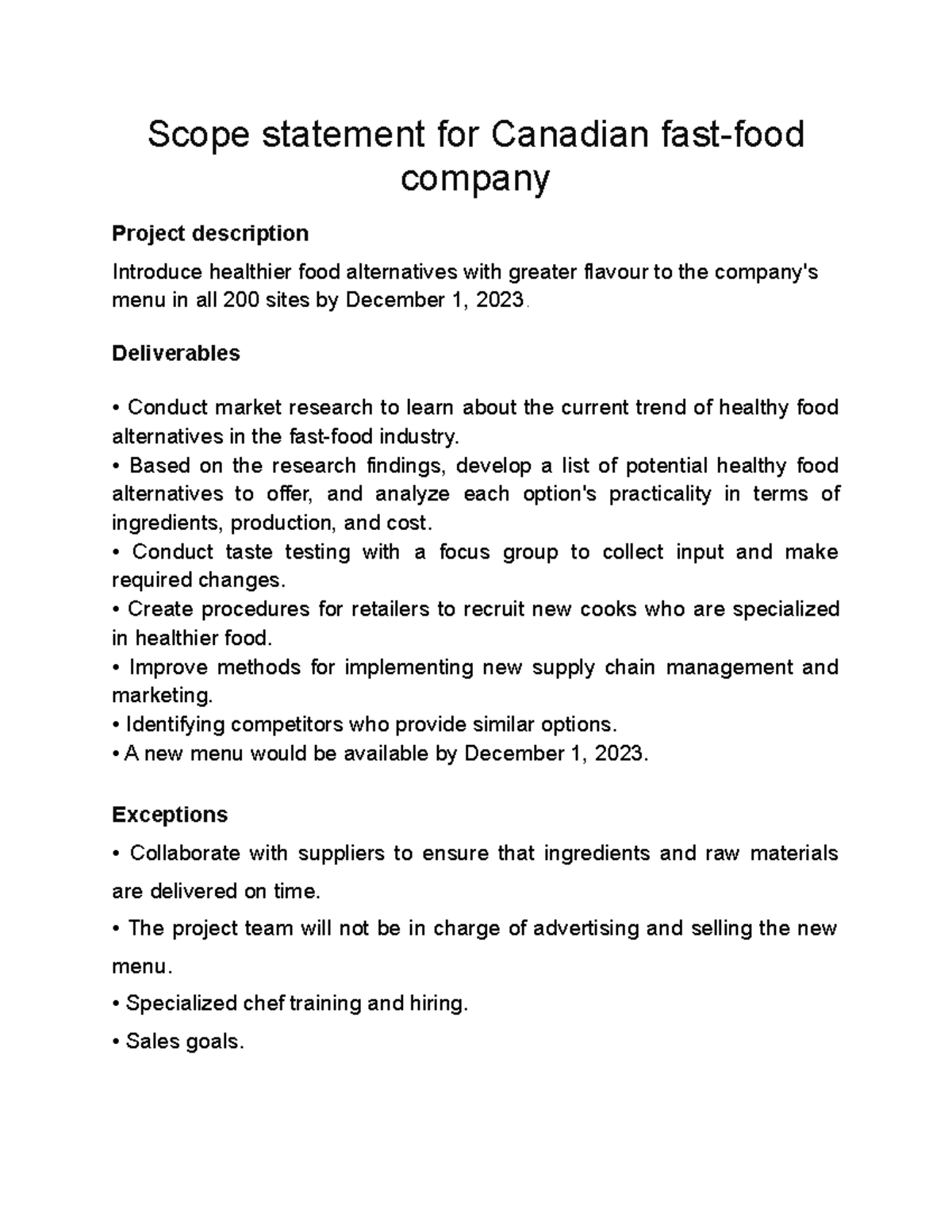 Scope statement - It is usefull - Scope statement for Canadian fast ...