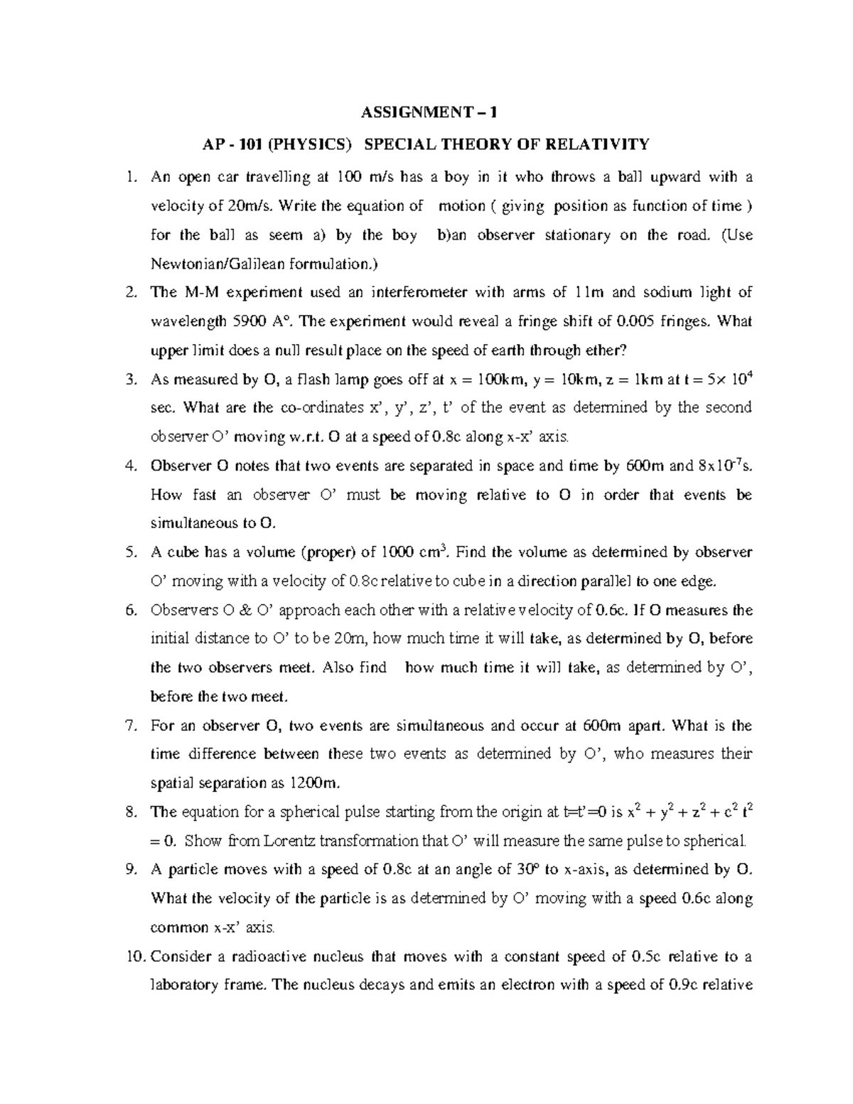 Physics Assignment(AP) Topic: SPECIAL THEORY OF RELATIVITY - AP - 101 ...