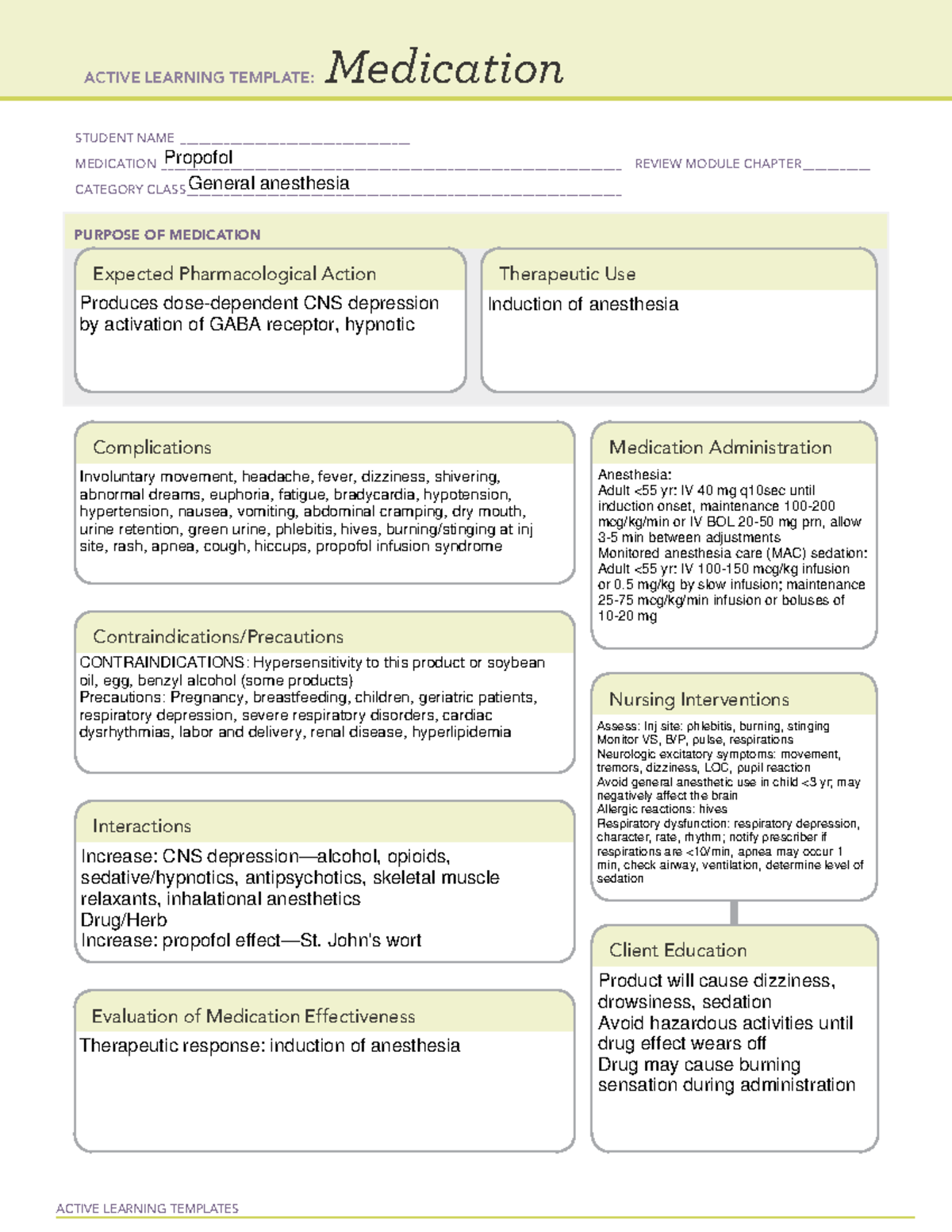 Propofol - ACTIVE LEARNING TEMPLATES Medication STUDENT NAME