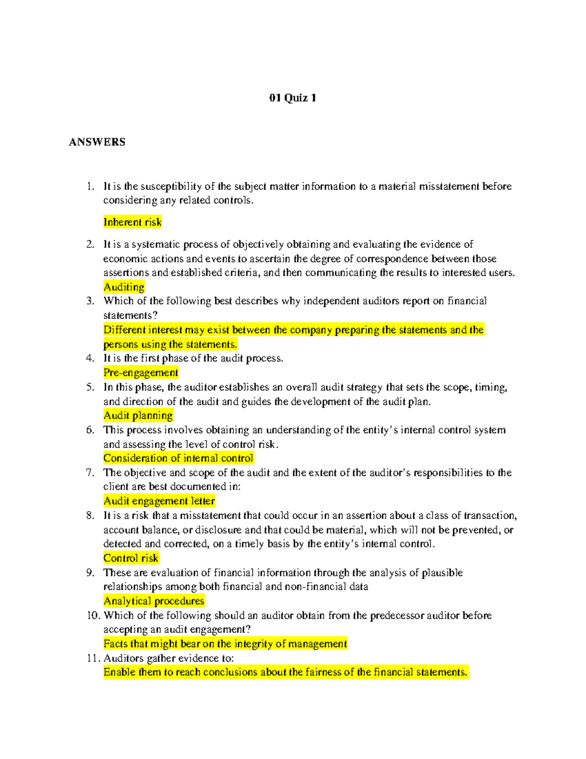 01 Quiz 1 - 01 Overview Of Auditing And Audit Process - 01 Quiz 1 ...