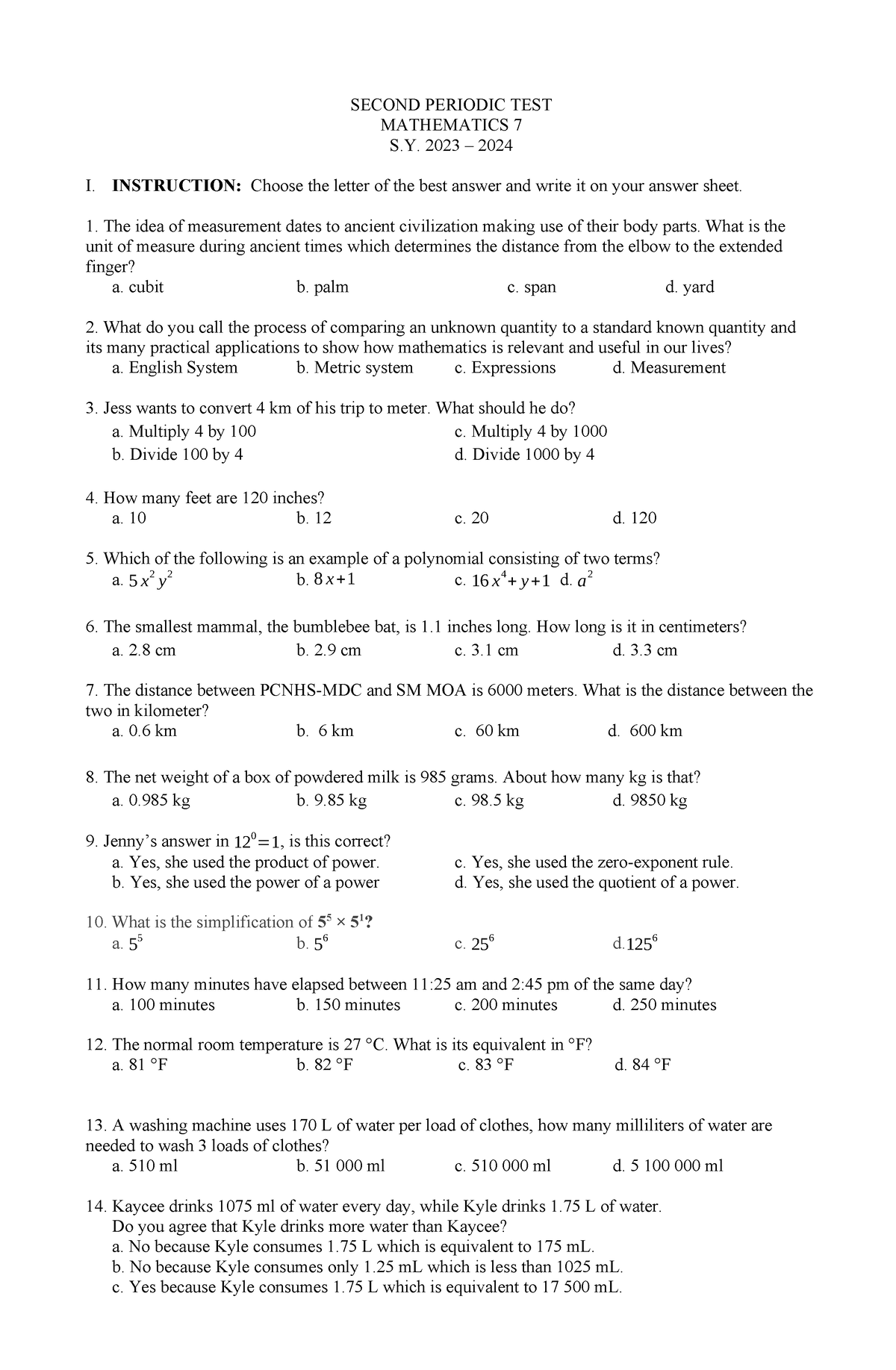 2nd-Perodical Test-Math-7 - SECOND PERIODIC TEST MATHEMATICS 7 S. 2023 ...
