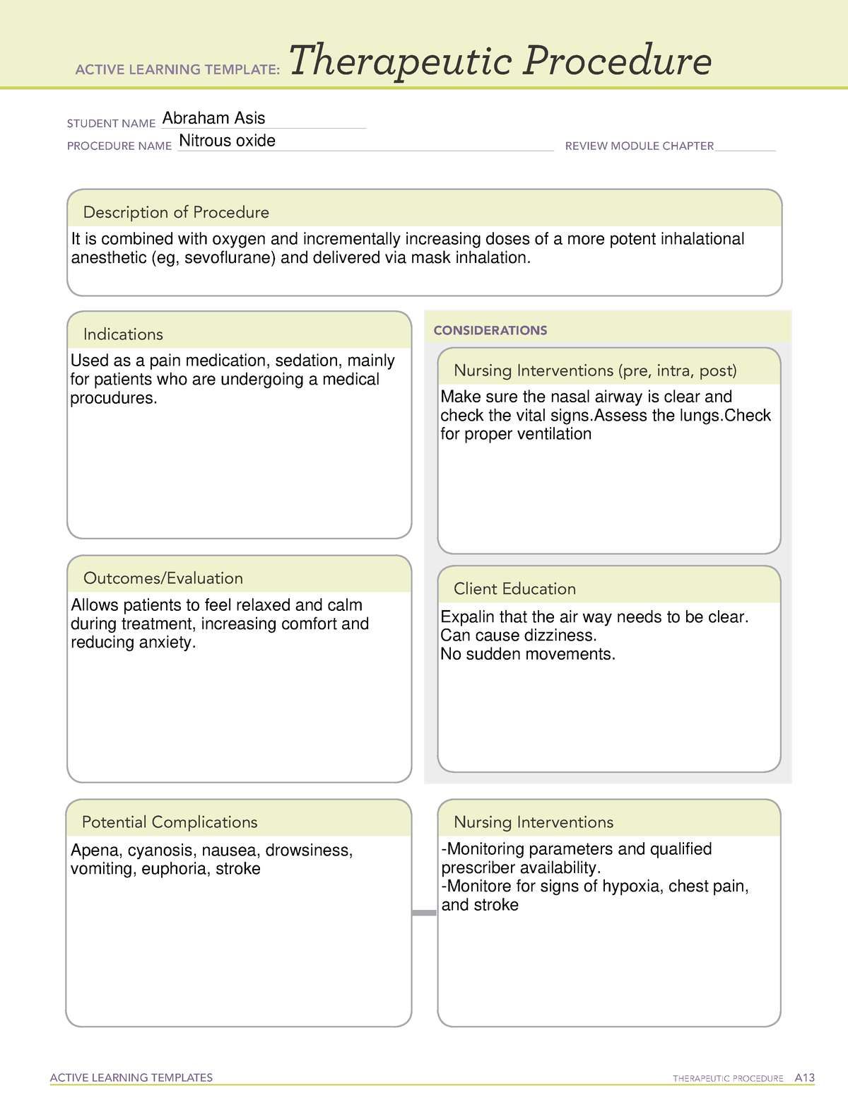 Active Learning Template Therapeutic Procedure form (Nitrous oxide ...