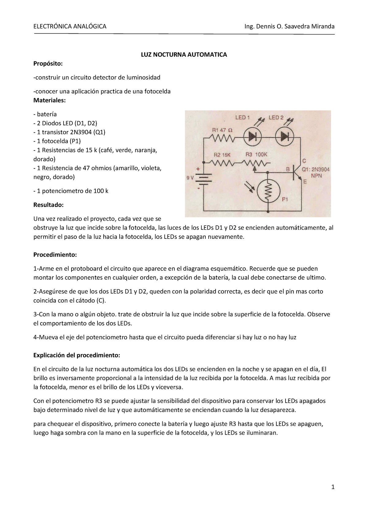 LUZ Nocturna - Datos - ELECTR”NICA ANAL”GICA Ing. Dennis O. Saavedra ...