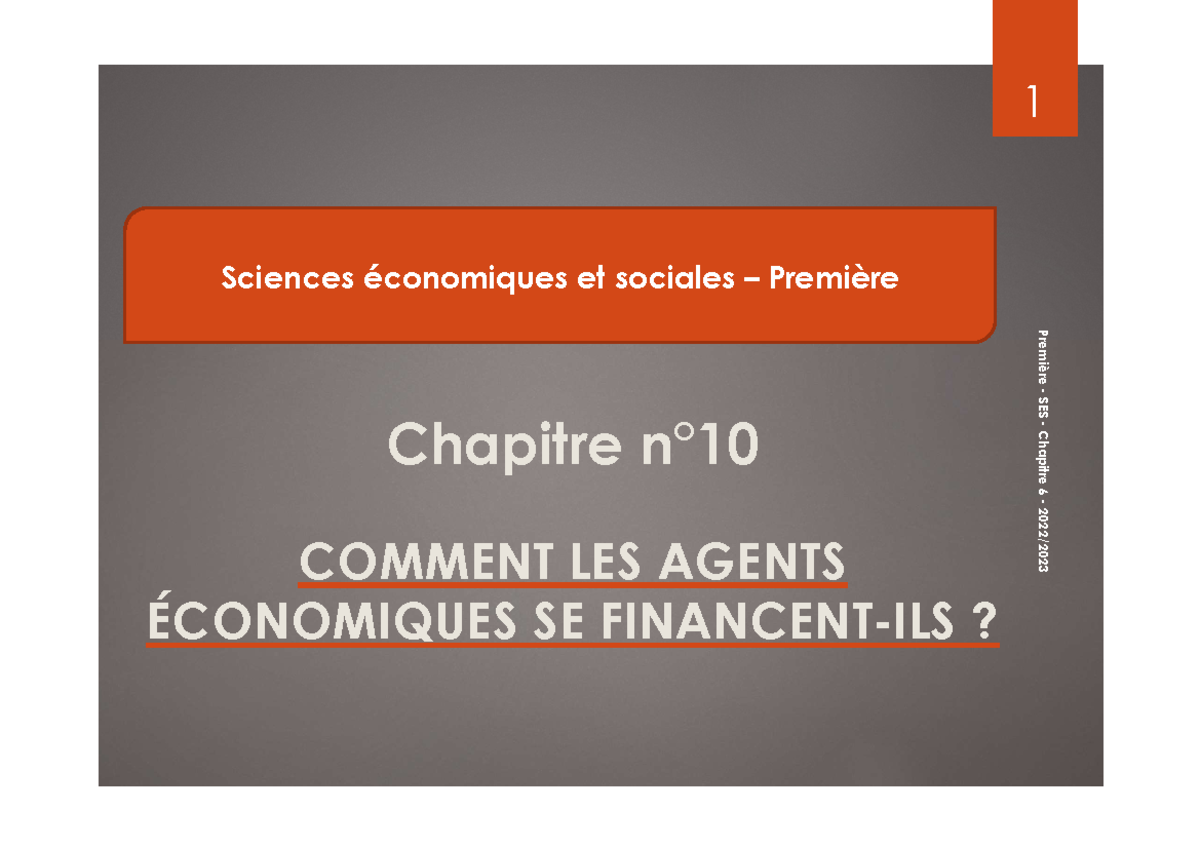 Diapo CHAP 6 Financement - Chapitre n° COMMENT LES AGENTS ÉCONOMIQUES