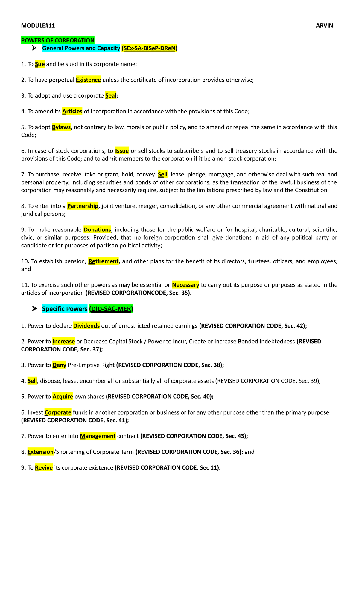 Module 11 - notes - MODULE#11 ARVIN POWERS OF CORPORATION General ...