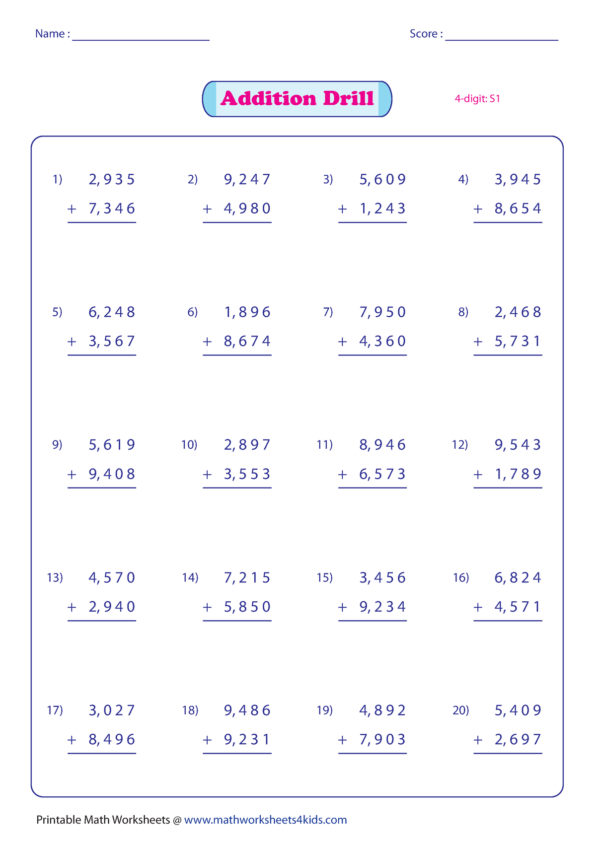 4digit 1 Math Printable Math Worksheets Mathworksheets4kids Name 