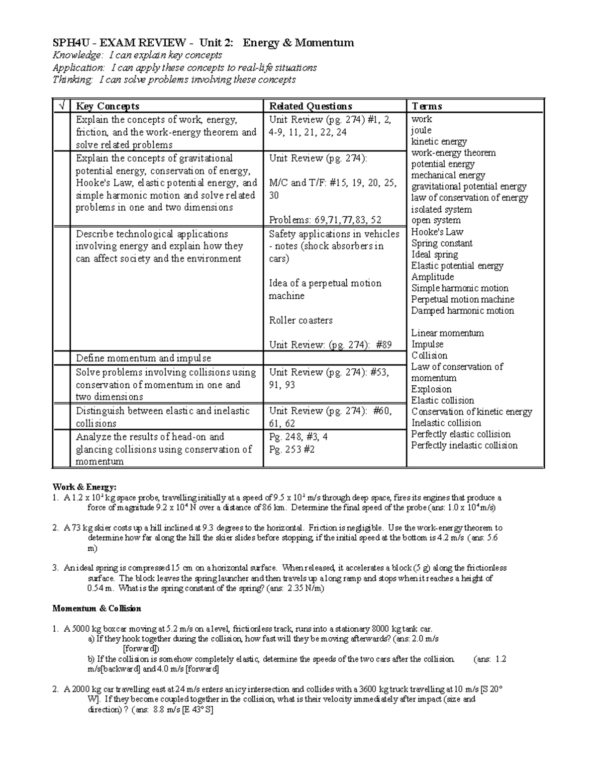 SPH4U Exam - Unit 2 Review & Outline - SPH4U - EXAM REVIEW - Unit 2 ...