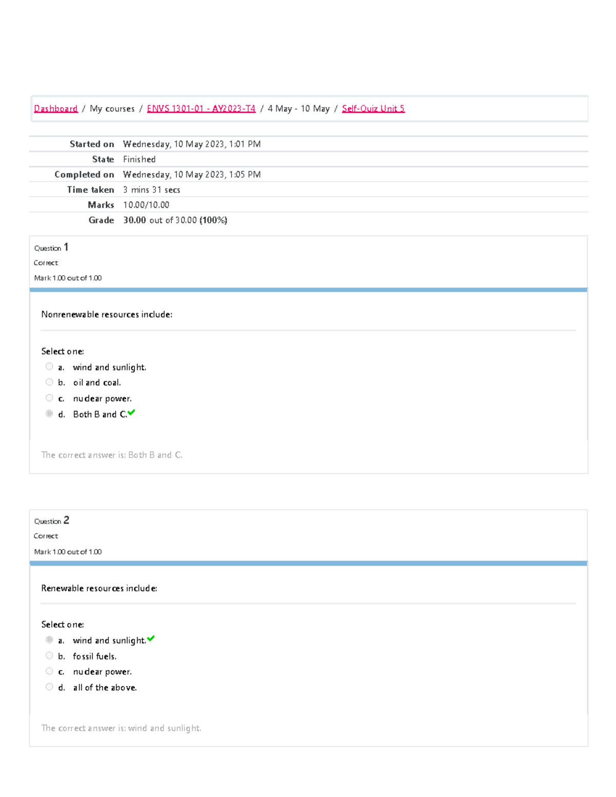 ENVS 1301 Self-Quiz Unit 5 Attempt Review - Started On Wednesday, 10 ...