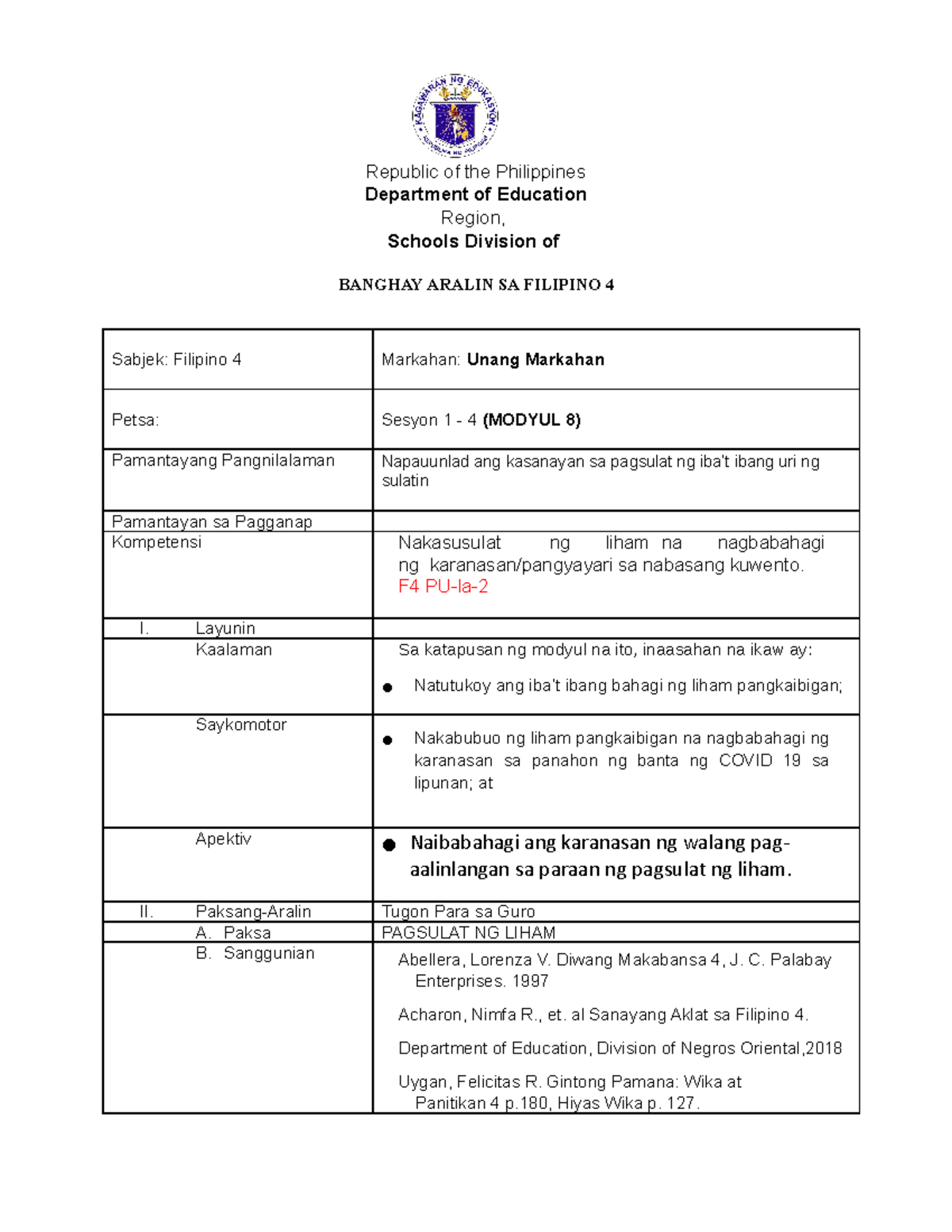 Filipino 4 Unang Markahan Week 8 - Republic of the Philippines ...