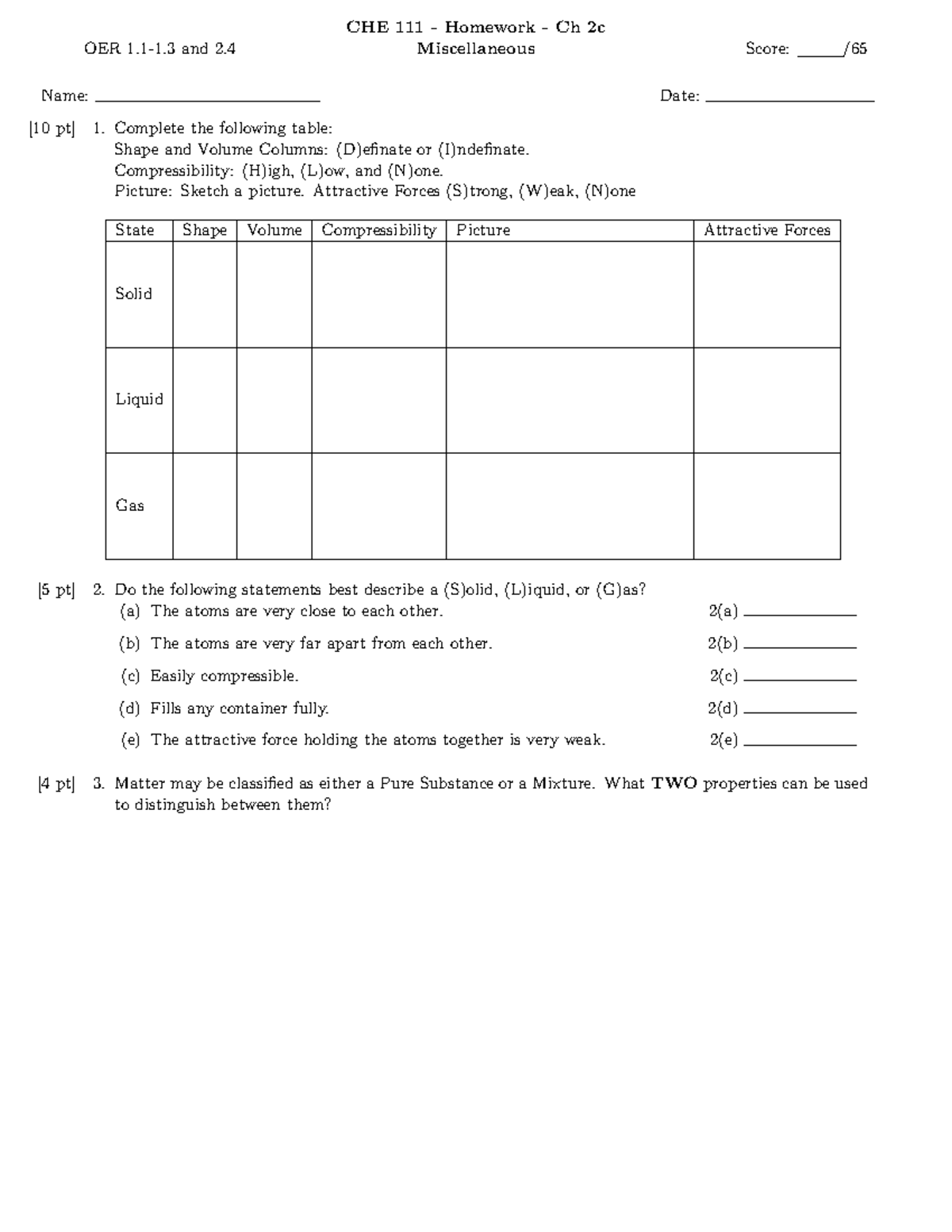 CHE HW - homework - OER 1.1-1 and 2. Miscellaneous Score: / Name: Date ...