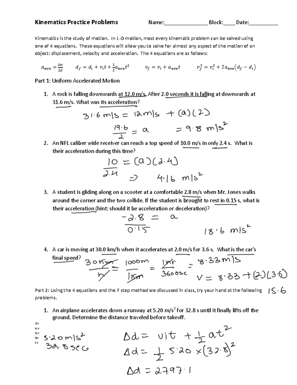 Kinematics Worksheet - jbj - Kinematics Practice Problems Name ...