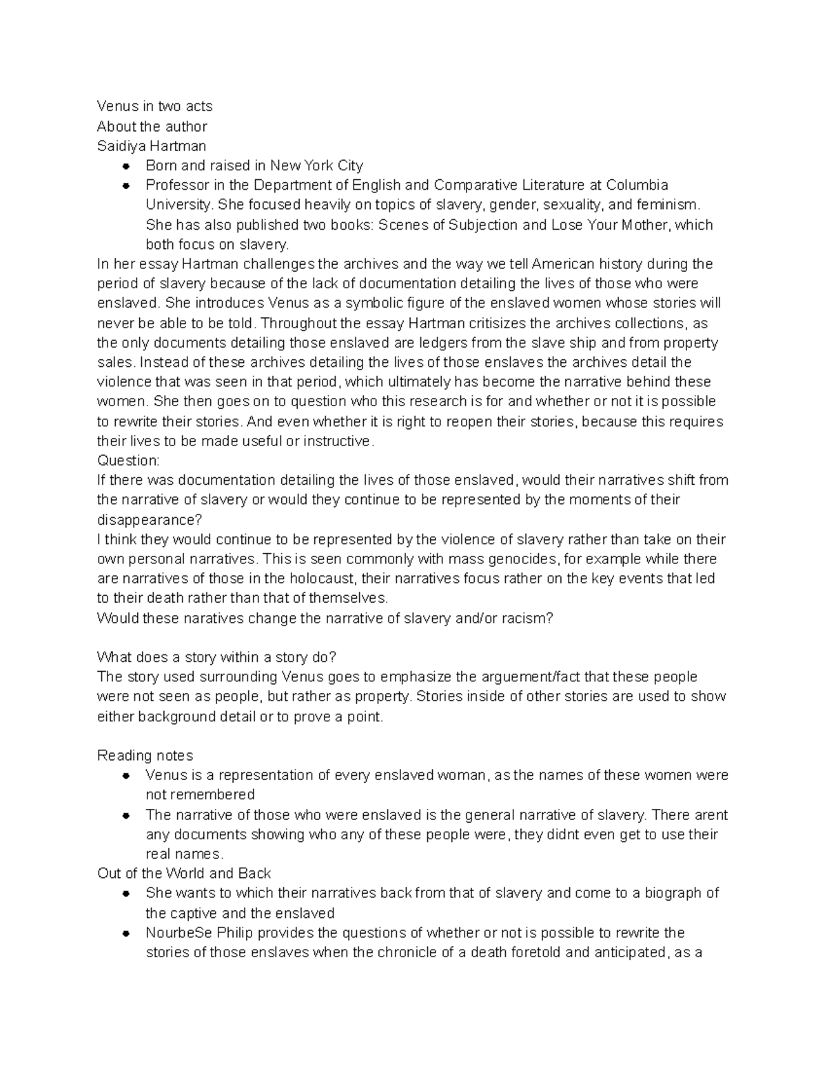 Englit 0610 Readings Professor Sritama Chatterjee Venus in two acts About the author Saidiya