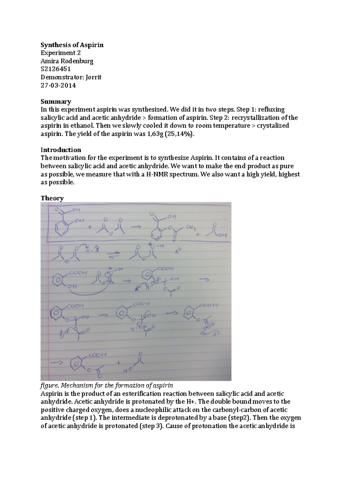 synthesis of aspirin lab report answers