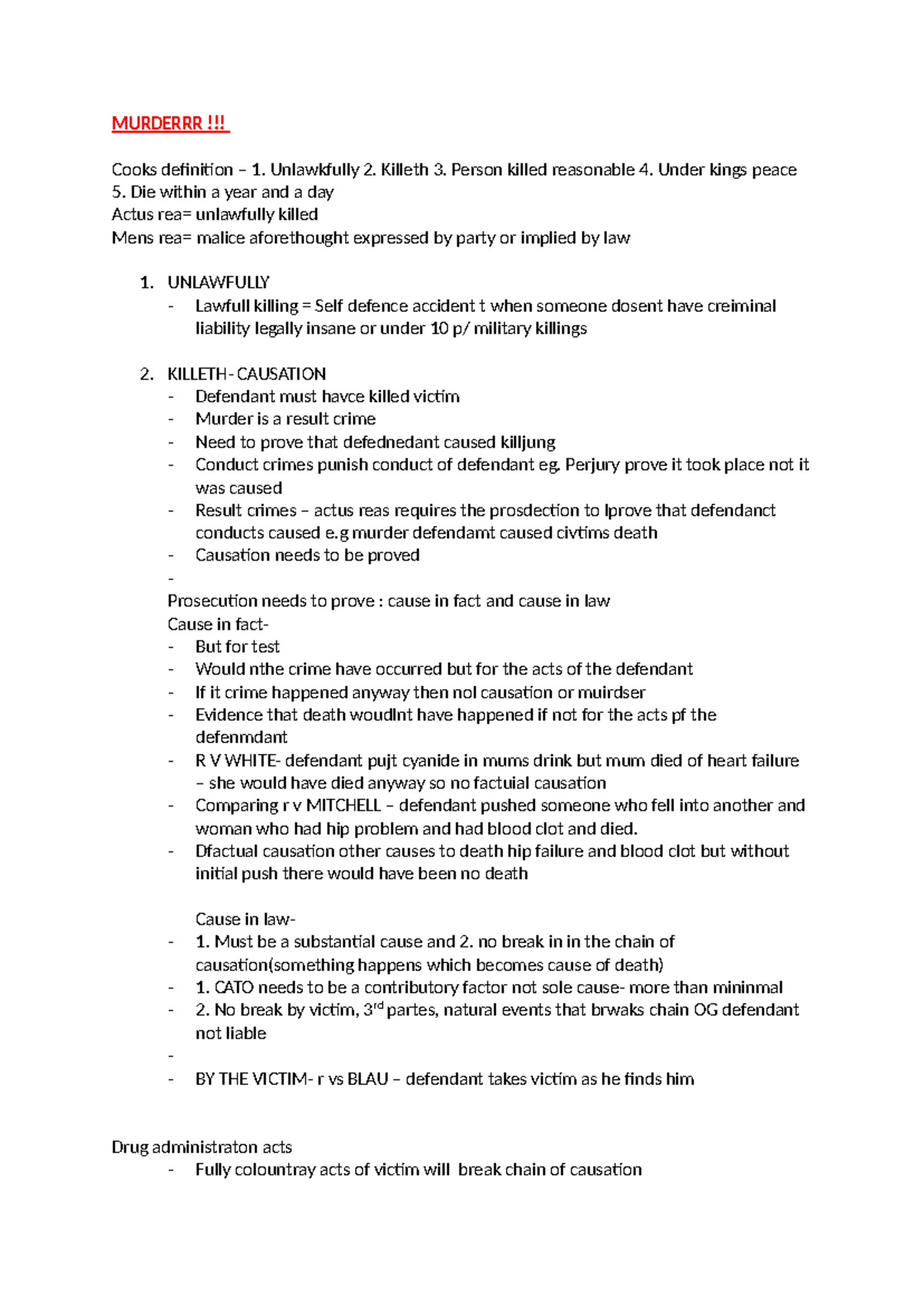 Murder summary notes - MURDERRR !!! Cooks definition – 1. Unlawkfully 2 ...