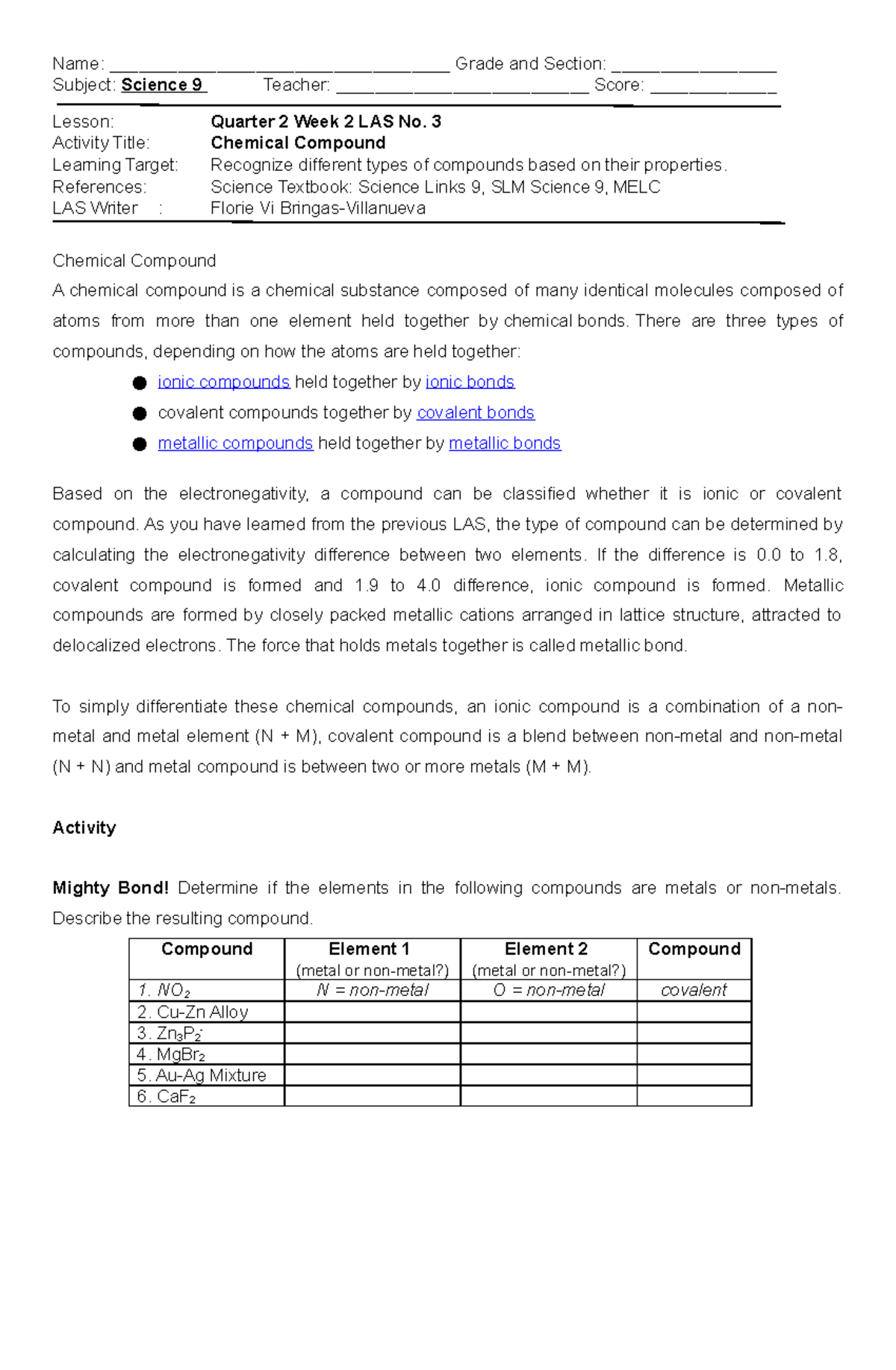 Science 9 Q2 Week2 LAS3 - Name ...