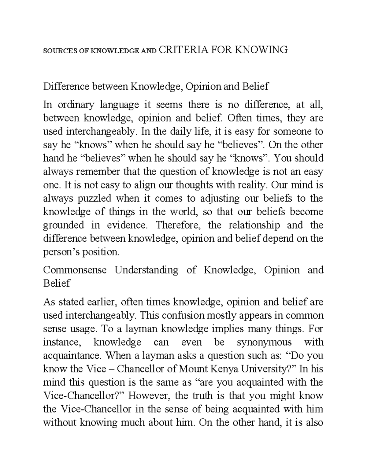 BHU1101 Lecture 5 Notes - SOURCES OF KNOWLEDGE AND CRITERIA FOR KNOWING ...