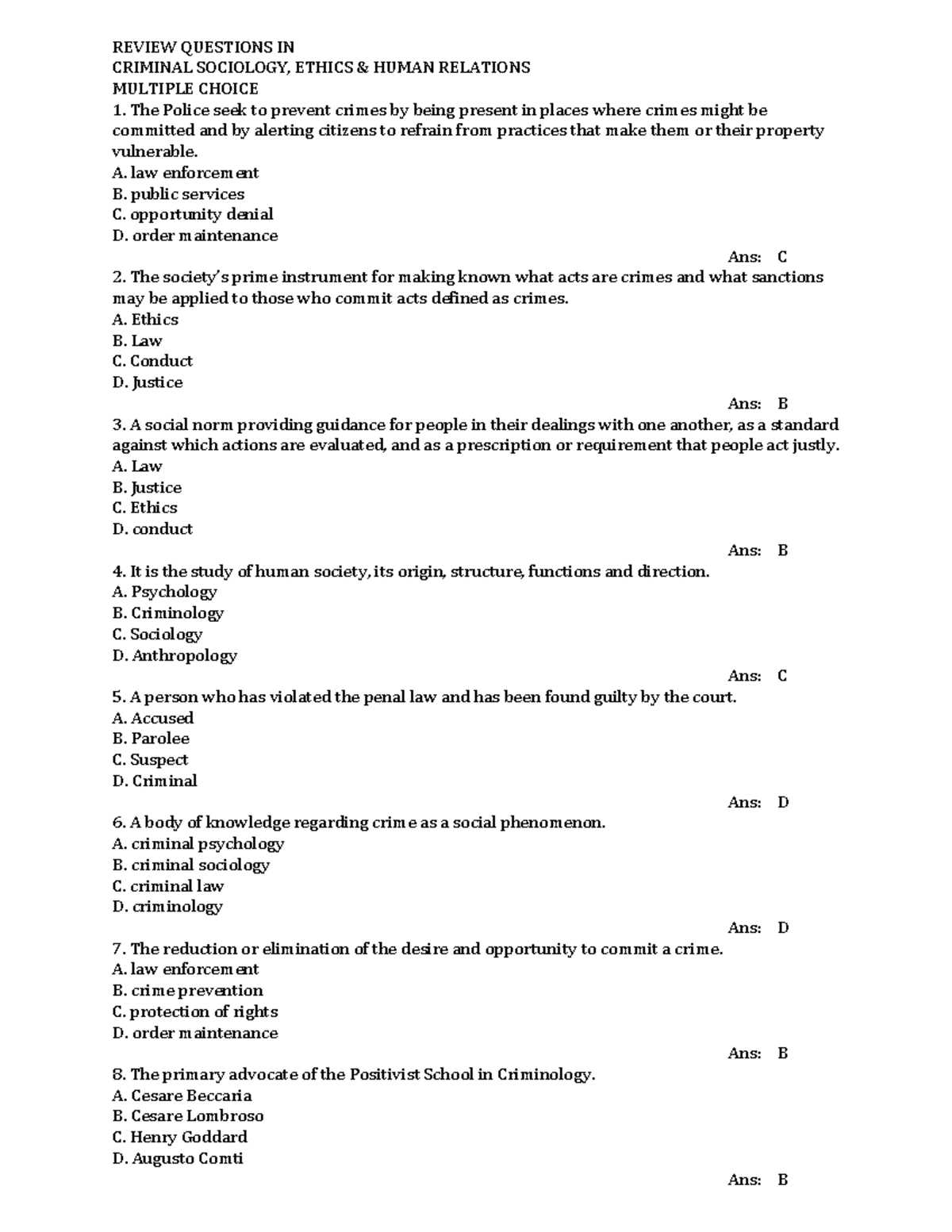 Review Questions IN Criminal Sociology, Ethics & Human Relations ...