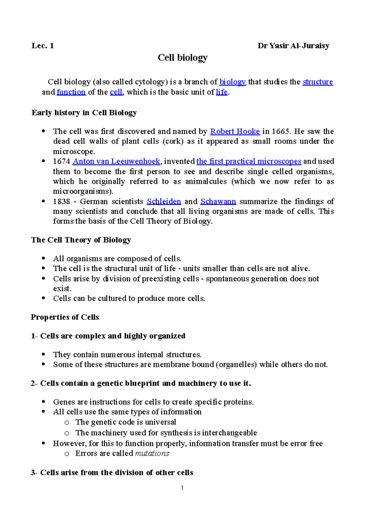 Introduction of Cell Biology - Lec. 1 Dr Yasir Al-Juraisy Cell biology ...