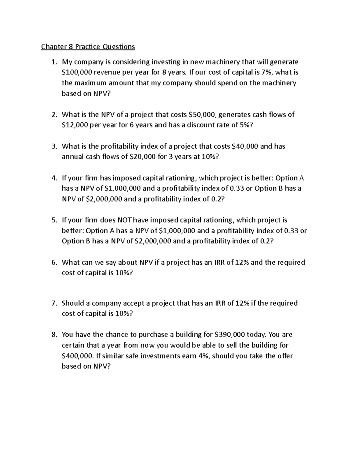 Financial management practice midterm - Chapter 8 Practice Questions My ...
