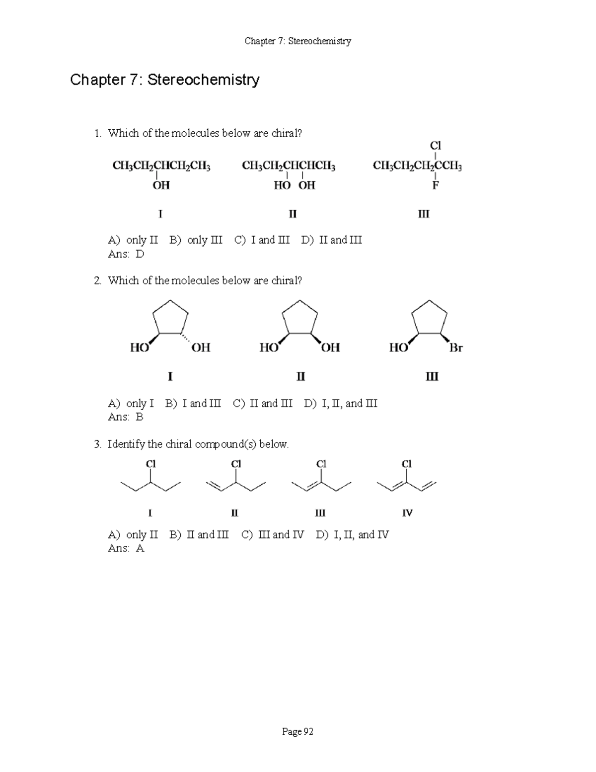 Chapter 7 carey - Chapter 7: Stereochemistry Which of the molecules ...
