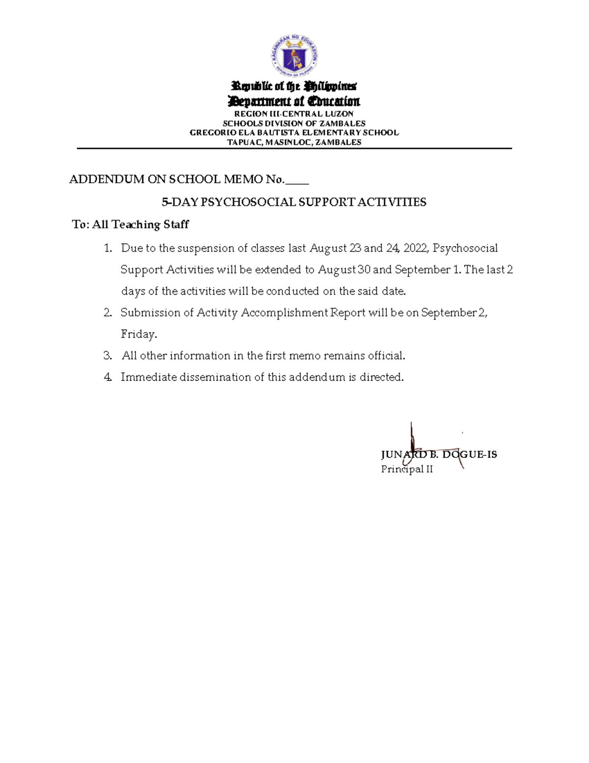 Addendum ON School MEMO No - Republic of the Philippines Department of ...