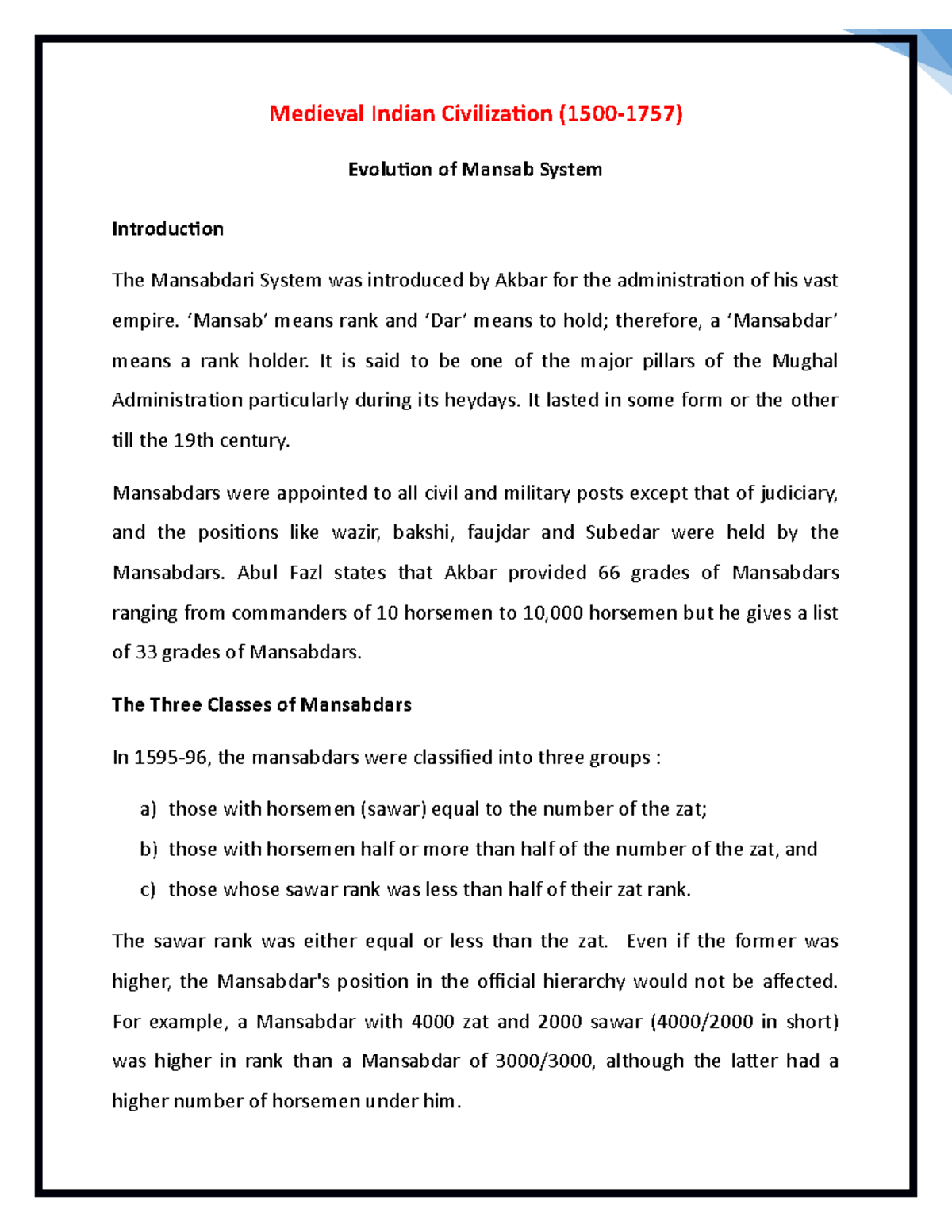 evolution-of-mansab-system-medieval-indian-civilization-amu-studocu