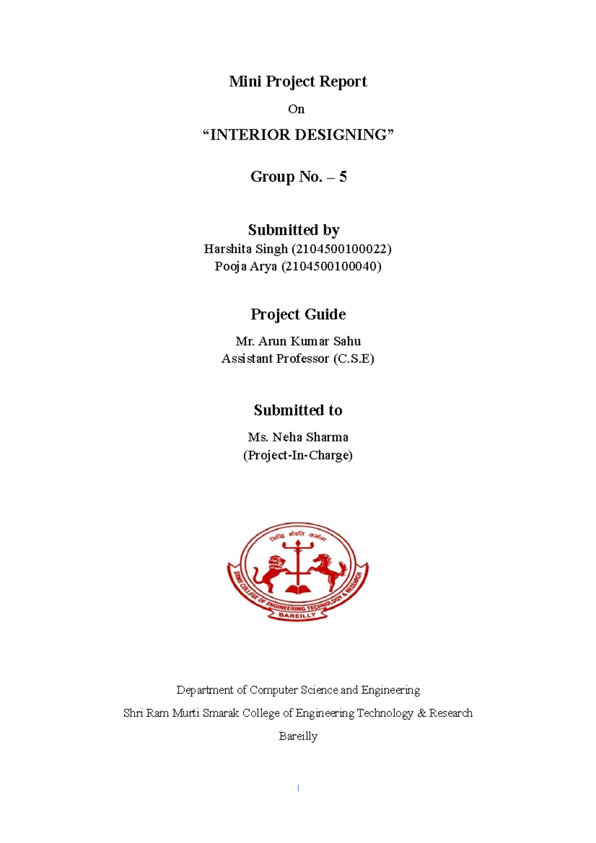 Page no. in roman - None - Mini Project Report On “INTERIOR DESIGNING ...