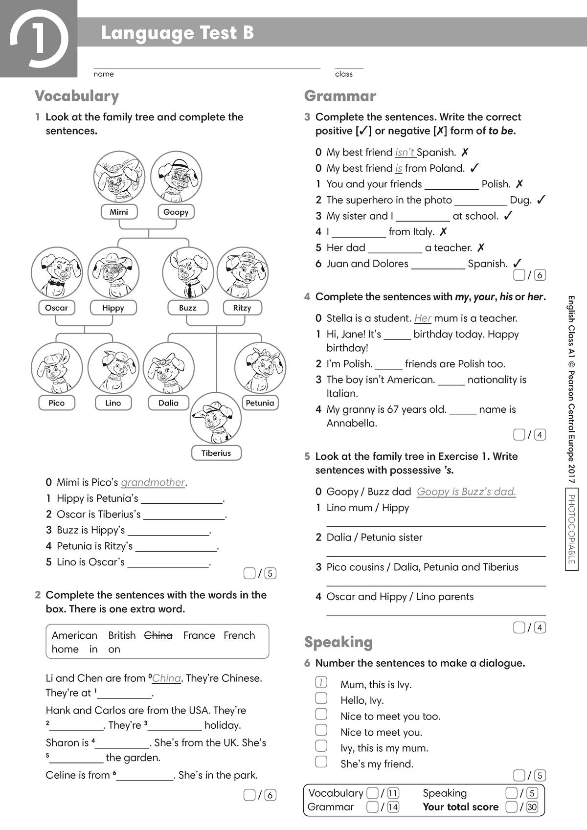 Eca1 Tests Language Test 1b - English Class A1 © Pearson Central Europe 