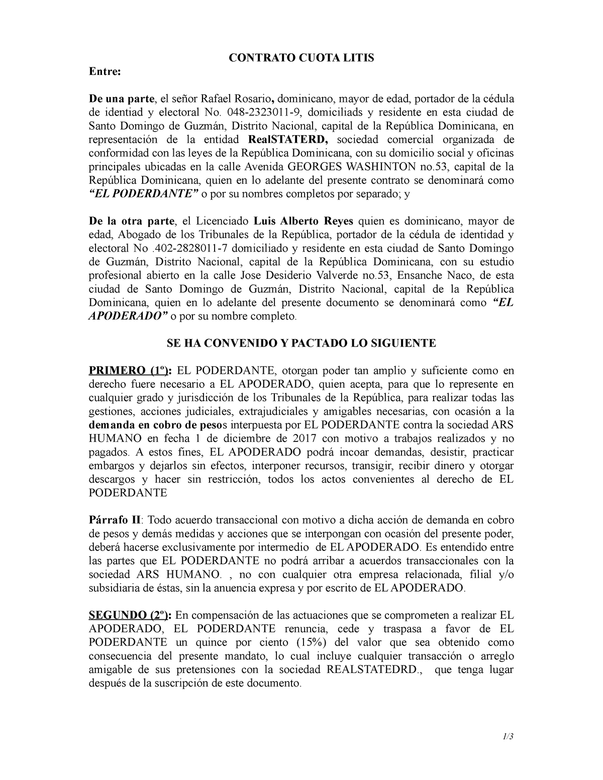 Contrato Cuota Litis Modelo Contrato Cuota Litis Entre De Una Parte El Señor Rafael Rosario 5213