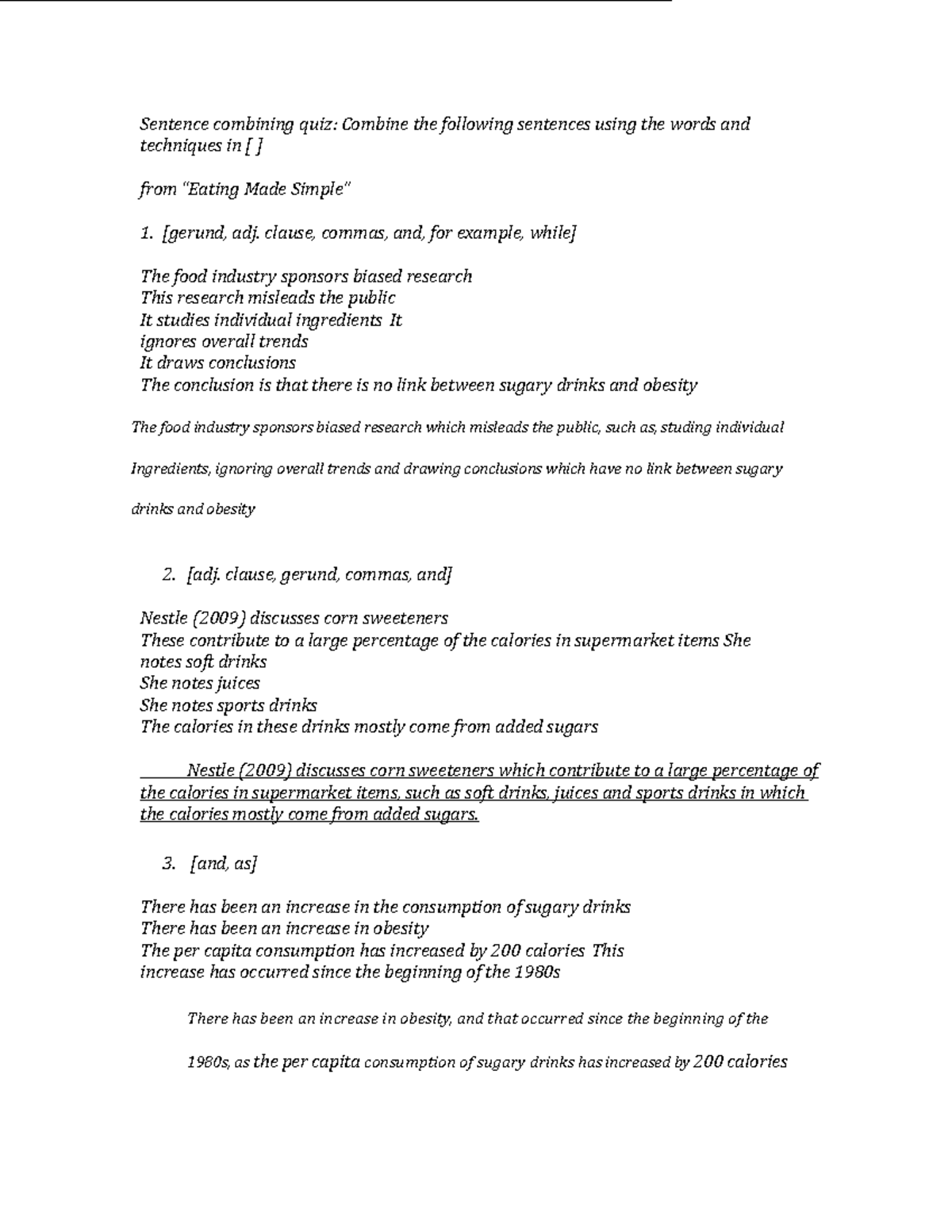 Eating made simple and deadly sugar sentences combo(b) Sentence