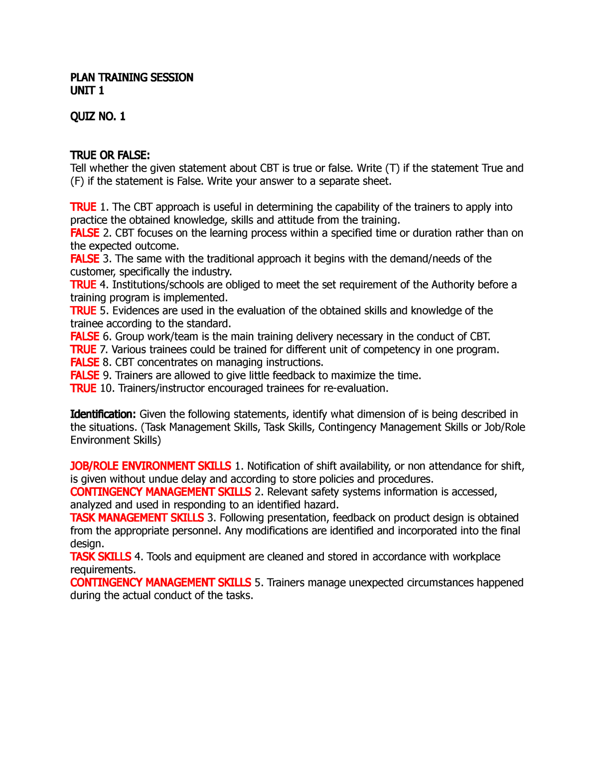 Written TEST Answer KEY In Trainer's Methodology - PLAN TRAINING ...