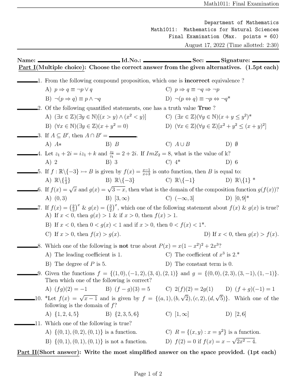 Final Exam Bu - Math1011: Final Examination Department Of Mathematics ...