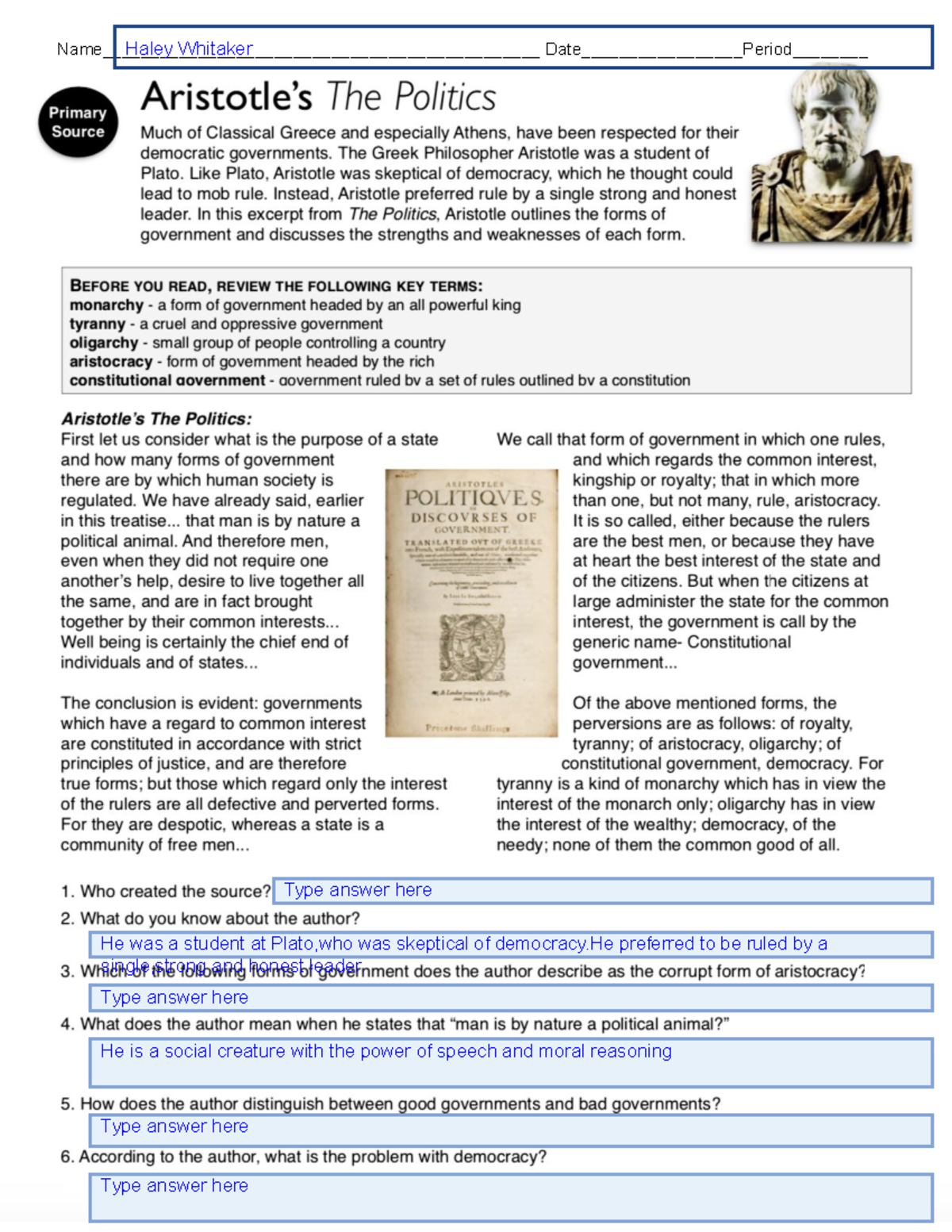 Haley Whitaker - Copy of Copy of 05B Aristotle's The Politics - - Studocu