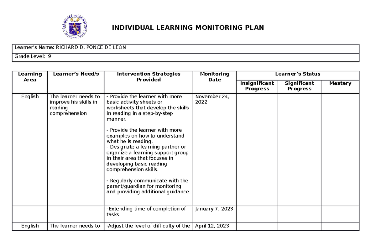 ILMP Sample - law of understanding - INDIVIDUAL LEARNING MONITORING ...
