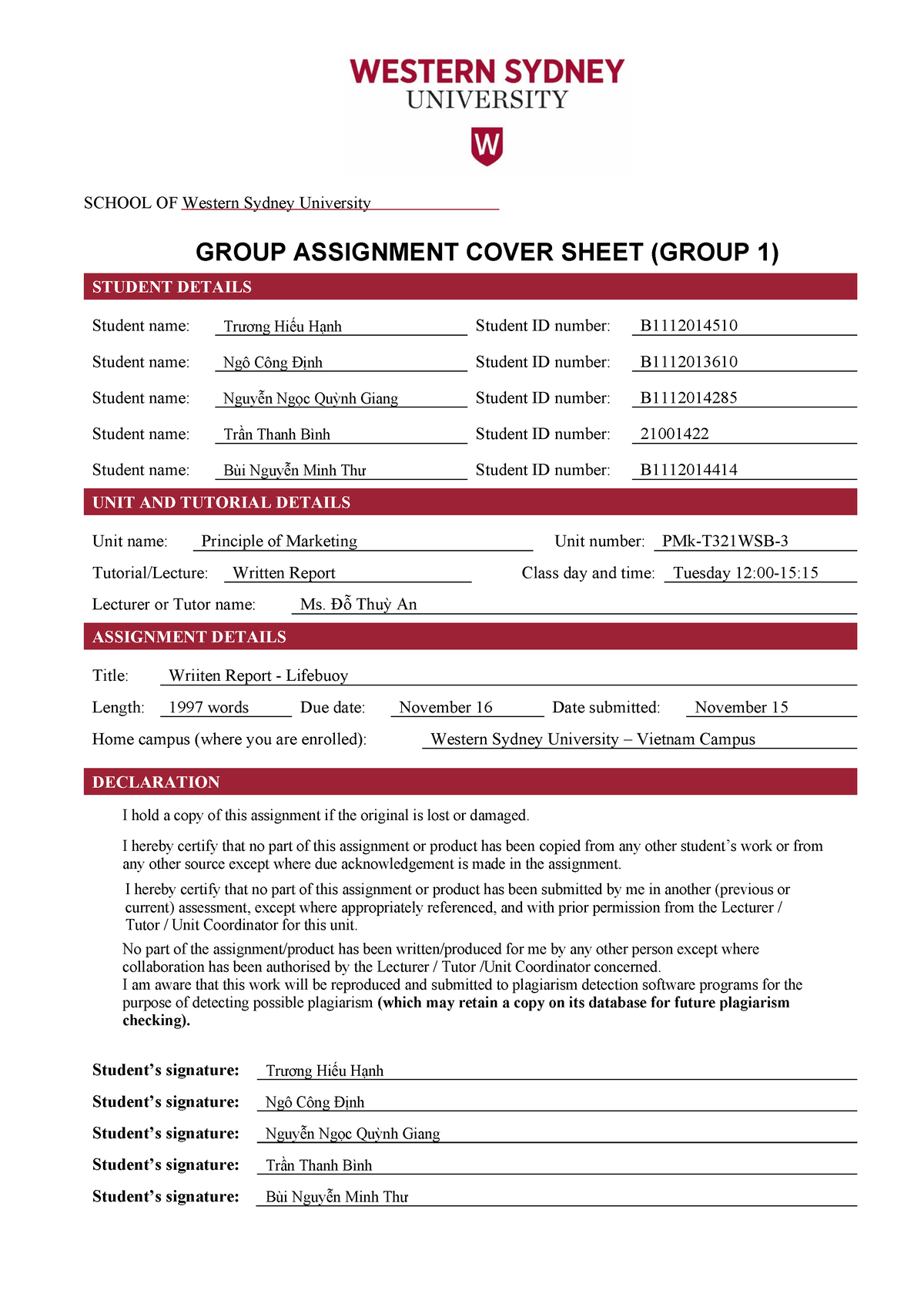 western sydney university assignment cover sheet