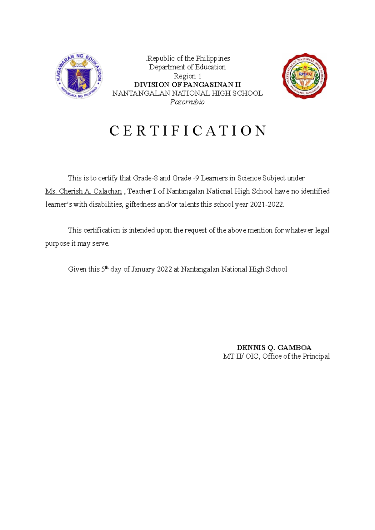 Certification - .Republic of the Philippines Department of Education ...