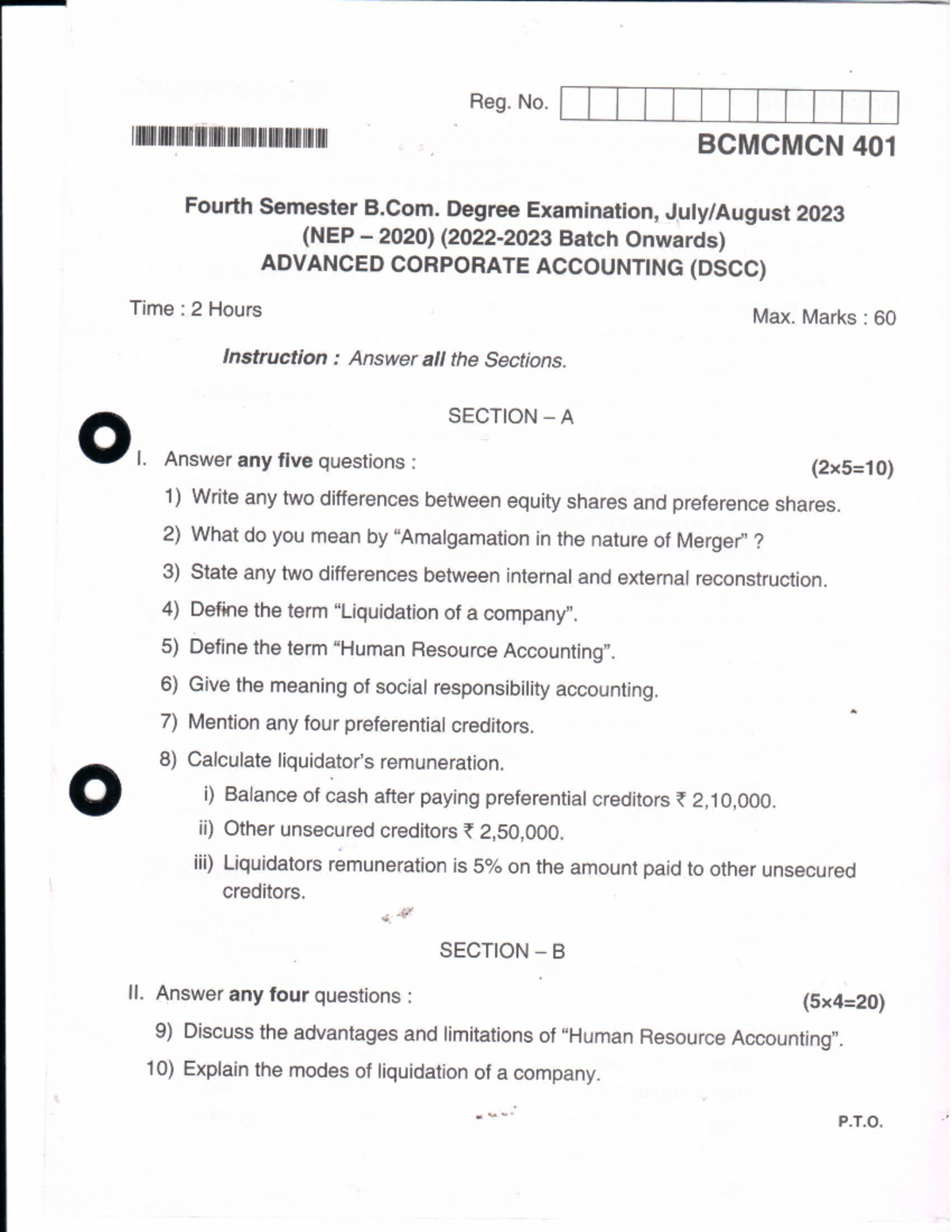 BCOM IV Semester Advanced Corporate Accounting NEP July 2023 - Reg. No ...