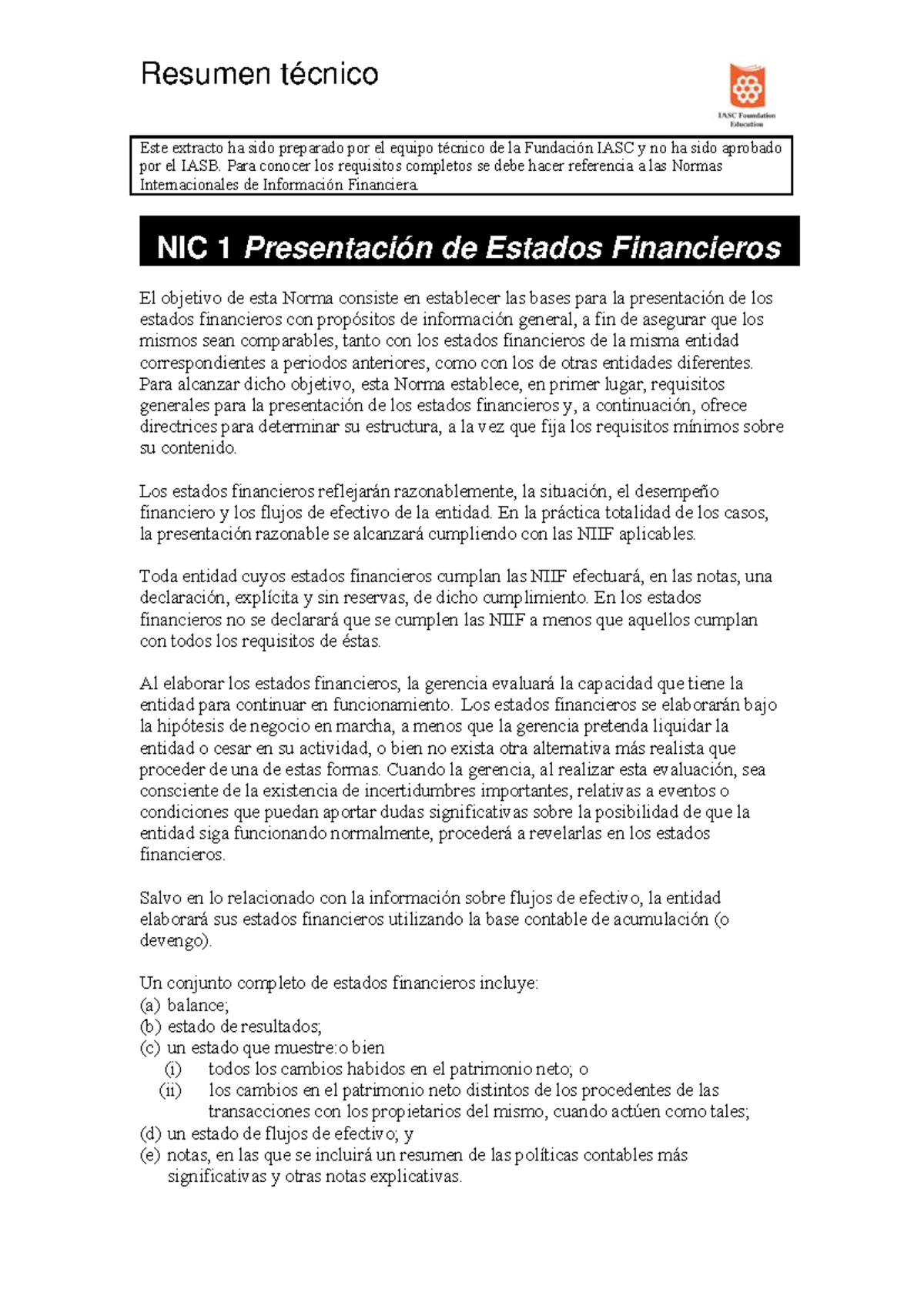 NIC 1 - Presentacion de Estados Financieros - Resumen técnico Este ...
